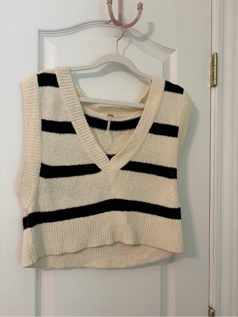 Free People Cream & Black Striped V-Neck Sweater Vest